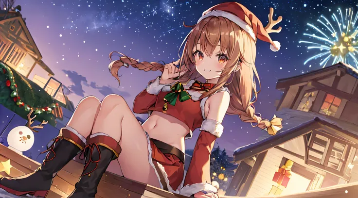 (top-quality:1.3)、(​masterpiece:1.3)、(hight resolution:1.3)、Beautiful girl alone、(Sitting on the roof:1.3)、Christmas、Yuki、(Bright bronze hair:1.3)、(Medium Hair）、(Starry sky in the background)、A detailed face、grin、Orange Eyes、(Braids)、medium breasts、(Navel ...