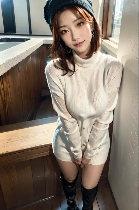 ((top-quality, in 8K, ​masterpiece)), Arafed woman in the snow, Beautiful Japan girl, cute girl with red hair, Beautiful blue sky with shining sun, ((White sweater)), beautiful woman with short hair, ((muffler)), ((knit hat)), Beautiful Japanese woman with...