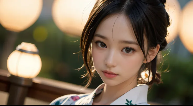 (masutepiece, Best Quality:1.4), Beautiful face, 8K, 85 mm, absurderes, (floral pattern yukata:1.4), close up of face, violaceaess, gardeniass, Delicate girl, Solo, Night, Looking at Viewer, Upper body, Film grain, chromatic abberation, Sharp Focus, face l...