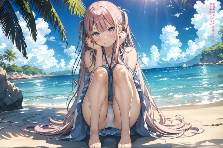 a girl、high teen female、a picture、realisticlying、top-quality、adopt、A detailed face、pink long hair、lightly smileing,Southland、tropical white sand beach,full body Esbian、White Bikini、a detailed backgrounds、diffuse sunlight、depth of fields、Bokeh,dutch angle