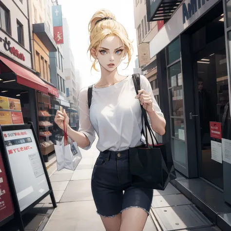 1 girl, model, fierce, defiant, famous model, beautiful, blonde, going shopping