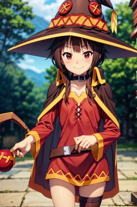 perfect female shape, (1womanl), (megumin), (short-cut hair), brown hair, red eyes, (witch's hat:1.2), small chest, red robes, (...