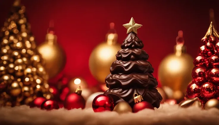 A high-resolution image of a dark chocolate Christmas tree against a bold red background, with the tree intricately detailed and adorned with edible gold ornaments, creating a visually striking and festive scene