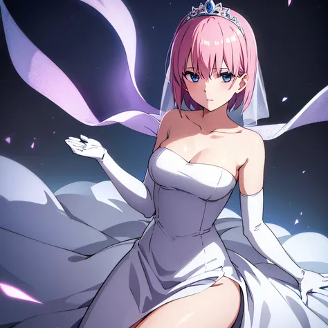 1girl, alone, ichika nakano, short hair, bangs, blue eyes, hair between eyes, pink hair, earrings, BREAK gloves, dress, neckline, bare shoulders, collarbone, elbow-length gloves, white gloves, white dress, strapless, tiara, veil, strapless dress, wedding d...