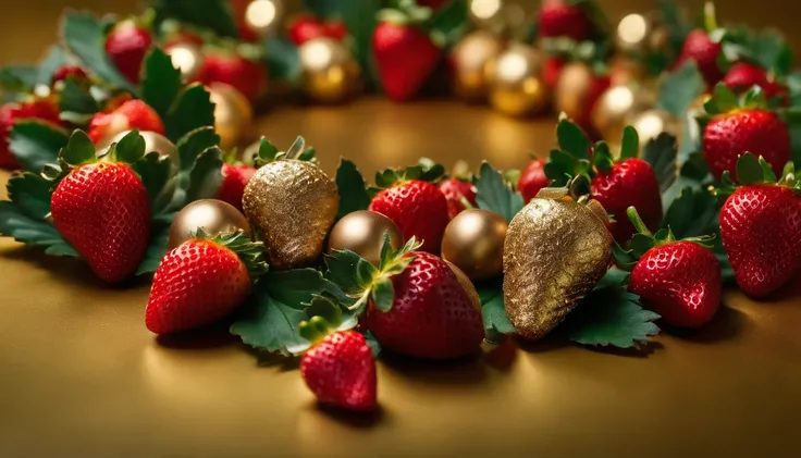 A visually pleasing composition of chocolate-covered strawberries arranged in the shape of a Christmas wreath, placed on a bold gold background, with red and green accents, creating an elegant and appetizing image