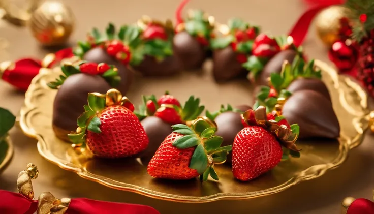 A visually pleasing composition of chocolate-covered strawberries arranged in the shape of a Christmas wreath, placed on a bold gold background, with red and green accents, creating an elegant and appetizing image