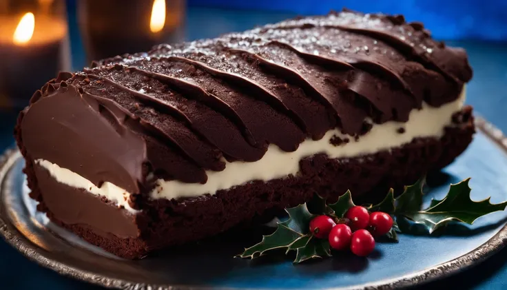 A close-up shot of a chocolate yule log cake placed on a bold blue background, with the cake beautifully frosted and adorned with edible holly leaves and berries, creating a visually appealing and holiday-inspired scene