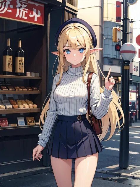 1 girl, blonde hair, long hair, blue eye, medium breasts, elf ear, wear sweater, use a hat, wear short skirts, held a Ice Cream, standing in front of the shop, looking down the street and pointing, amazing, masterpiece, 4k, highres, detailed face, detailed...