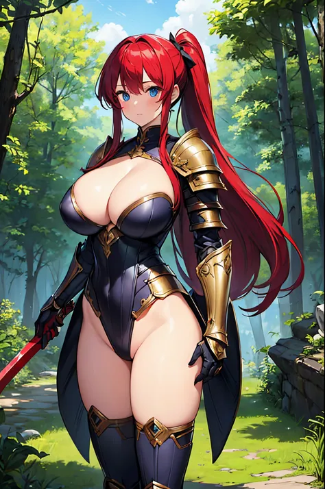 top-quality、ultra-detailliert、Blue eyes、Colossal tits、Red-haired、1 female、(((High-leg armor)))、Clothes with Cleavage View、pony tail hairstyle、Has a huge sword、The background is the forest、Shyness、(((Composition centered on the buttocks)))