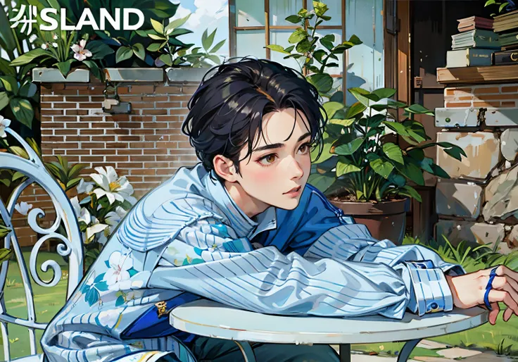 There is a man sitting at the table，holding cell phone, yand.floor plan about, oland, Kim Do-young, dream-state, insipid, Handsome, young angel, Flowers bloom all around, fantasy land, Inspired by Jiang Shihuang, jinyoung shin, inspired by Hans Beat Wielan...