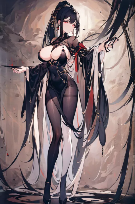 The finest details，Works of masters，Best quality at best，exquisite paintings，photore，1 girl，cute big breasts，black hair color hair，Double ponytail hairstyle，Beautiful exquisite eyes，Black silk knee-length socks，big breasts thin waist，short  skirt，(JK cloth...