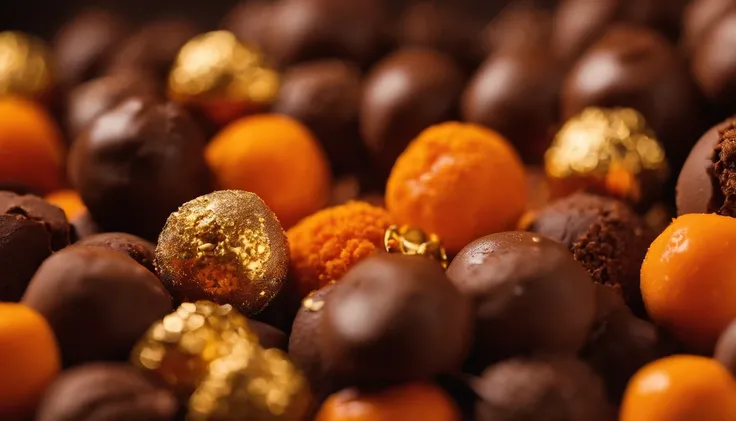 A close-up shot of assorted chocolate truffles arranged on a bold orange background, with a variety of flavors and toppings, such as nuts, sprinkles, and edible gold dust, creating a visually enticing and indulgent image