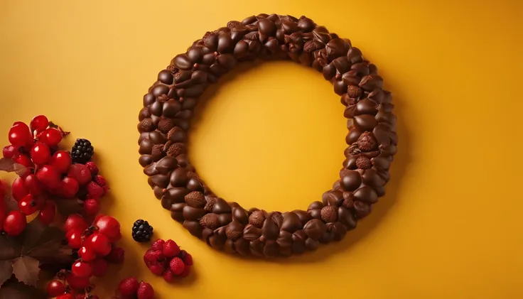 A high-resolution image of a chocolate Christmas wreath on a bold yellow background, with a wreath made entirely of chocolate leaves and berries, creating a visually striking and mouthwatering display