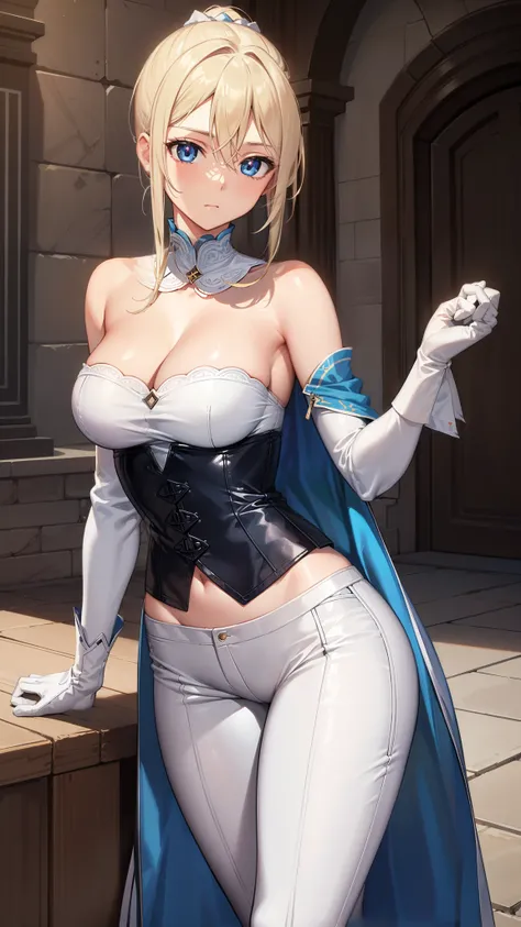 jeangunnhildr, jean, blonde hair, blue eyes, hair between eyes, medium hair, ponytail,
BREAK black gloves, blue capelet, capelet, cleavage, corset, detached sleeves, gloves, pants, strapless, (white pants:1.5),
BREAK indoors, castle,
BREAK looking at viewe...