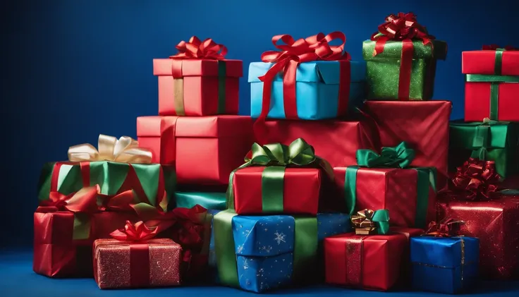 A visually stunning composition of colorful wrapped Christmas presents piled up against a bold blue background, with ribbons and bows, creating a vibrant and cheerful image