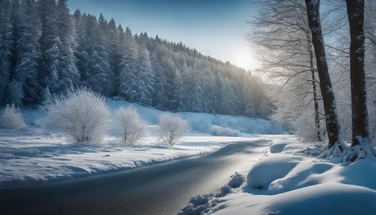 A visually stunning composition of a snowy winter landscape against a bold silver background, with snow-covered trees, a frosty ground, and a clear blue sky, creating a serene and magical scene