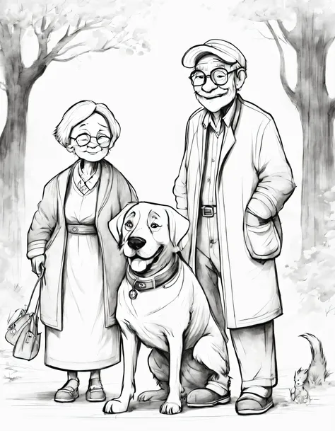 character concept design, line art，grandpa and grandma，doggy，high-quality illustrations，pencil drawing，pen painting，