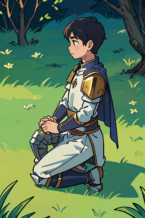 side view illustration of a boy, wearing a knights armor, kneeling down on the grass, side view, touching his chest, view from the side