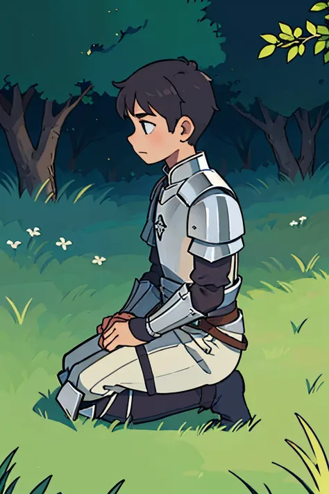 side view illustration of a boy, wearing a knights armor, kneeling down on the grass, side view, touching his chest, view from the side,