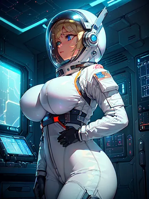 ​masterpiece:1.4, 1girl in ((20yr old,Spacesuit helmet、 Wearing a futuristic white and silver costume, Tight Fit Bodysuit, long boots, Very gigantic-breasts, Multicolored blonde hair, a short bob, Perfect model body, Blue eyes:1.4, Wearing headphones, Flir...