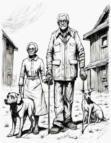 character concept design, line art，grandpa and grandma，doggy，high quality illustrationtiz，pencil drawing，pen painting，wasteland,...