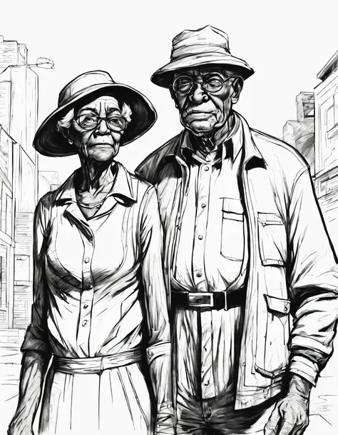 character concept design, line art，grandpa and grandma，doggy，high quality illustrationtiz，pencil drawing，pen painting，wasteland,...