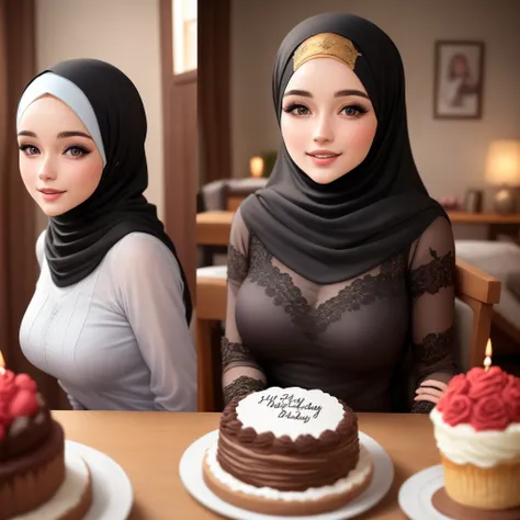 Beautiful woman wearing a hijab, 24 years old, celebrating her birthday, in the house with decorations that say "MY WIFE", in daylight, with a very detailed realistic face, detailed realistic picture.