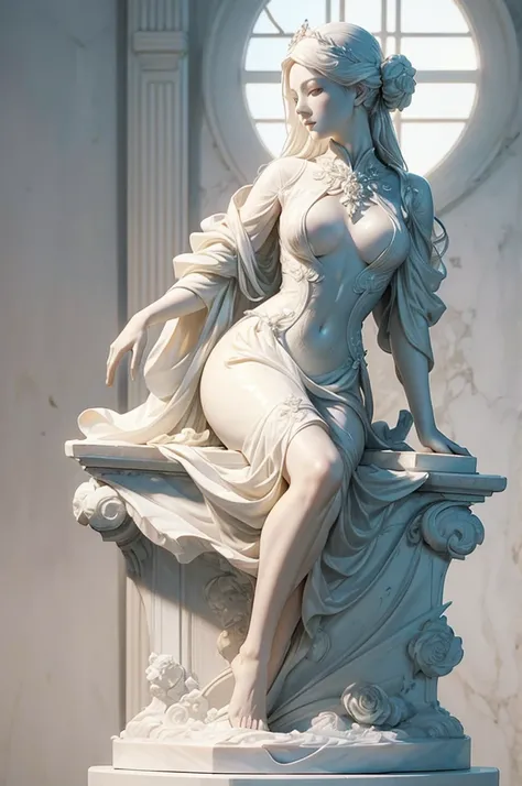 There is a white statue of a woman holding a flower., arthur pan marble sculpture, trending on zbrush central, new sculpture, Porcelain sculpture, Resin statue, Carved in white marble, highly detailed carving on, white marble sculpture, Above side view, Gr...