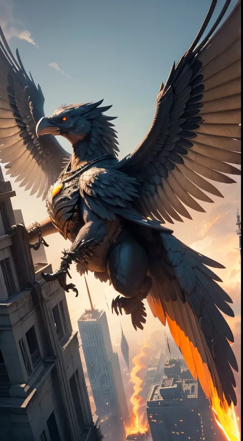 detailed face, super low angle, (flying seraph), (long and wide wings), thick sword on fire, ruins in the city, skyscraper, impact, high speed, flame, necklace on fire, (battle field),