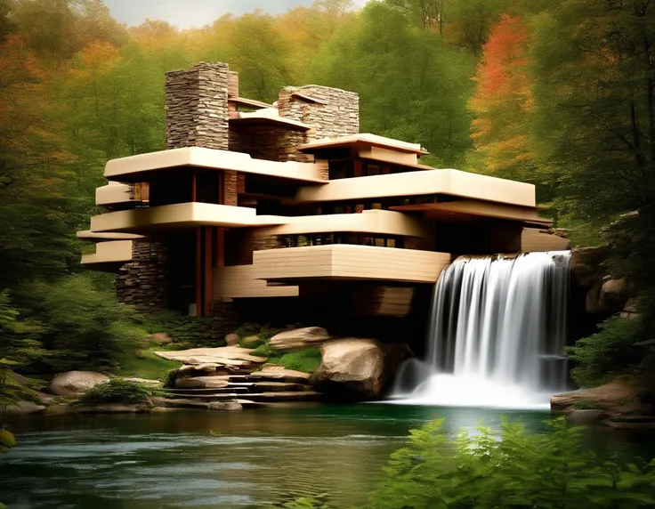 a small futuristic wooden house on a green hill, (((one store house))) (minimalism influence), ((Frank Lloyd Wright Fallingwater)),(((with large terraces))), ((natural lake)), waterfall, one-story house, big panorama windows. (((Standin wooden panels))) ((...