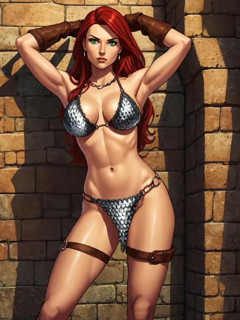 long red hair, thigh strap, armor, chainmail, armored bikini, brown gloves, red sonja, green eyes, showing armpits, raised arms,...