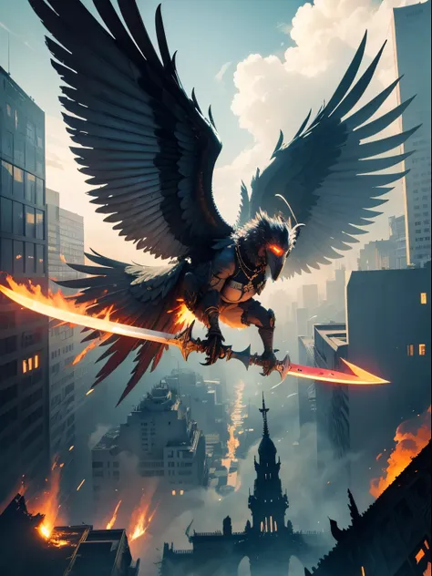 detailed face, super low angle, (flying seraph), (long and wide wings), thick sword on fire, ruins in the city, skyscraper, impact, high speed, flame, necklace on fire, (battle field),