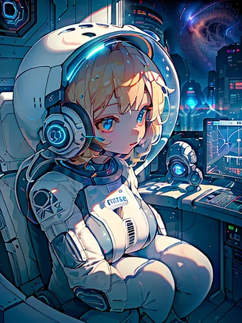 ​masterpiece:1.4, 1girl in ((20yr old,spacesuit helmet、 wearing a futuristic white and silver costume, tight fit bodysuit, long ...