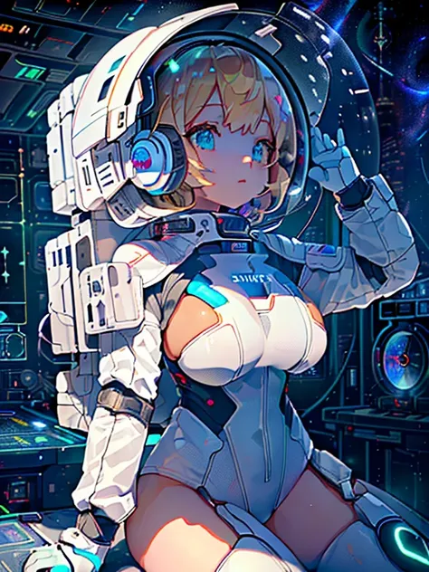 ​masterpiece:1.4, 1girl in ((20yr old,Spacesuit helmet、 Wearing a futuristic white and silver costume, Tight Fit Bodysuit, long boots, Very gigantic-breasts, Multicolored blonde hair, a short bob, Perfect model body, Blue eyes:1.4, Wearing headphones, Flir...