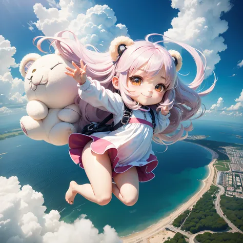 ​masterpiece、top-quality、ultra-detailliert、(Chibi Charas Daughter:1.2)、skydiving with parachute、wide shot from drone、long white hair swaying in the wind、Wearing a fluffy bear costume、A smile、