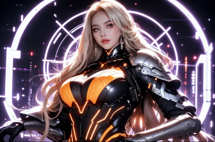 (masterpiece), best quality, expressive eyes, perfect face, beautiful details face, beautiful round eyes, full body, A beautiful mature woman in cyber armour suit shows her Extremely busty and attractive breasts, (arrogant face), (platinum red hair), (curt...