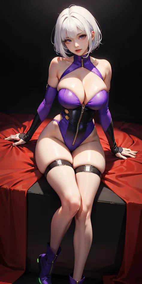 1个Giant Breast Girl, White hair, a purple eye, Bob Che, curlies, average breasts, Be red in the face, Glow, upper legs, exposed bare shoulders, 鎖骨, Willow waist, Chopping, (tmasterpiece), Ganz jumpsuit, boot，（full bodyesbian）