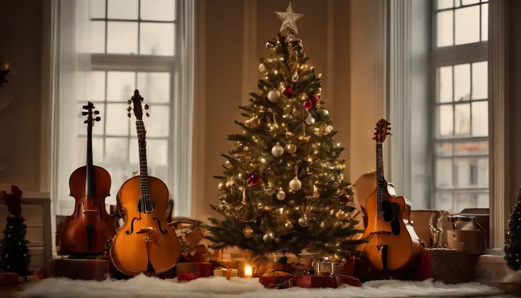 A close-up shot of a conceptual Christmas tree made of musical instruments, with guitars, violins, trumpets, and drums arranged to resemble the shape of a tree, adorned with musical notes and miniature instruments as ornaments, creating a visually appealin...