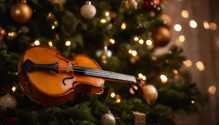 A close-up shot of a conceptual Christmas tree made of musical instruments, with guitars, violins, trumpets, and drums arranged to resemble the shape of a tree, adorned with musical notes and miniature instruments as ornaments, creating a visually appealin...