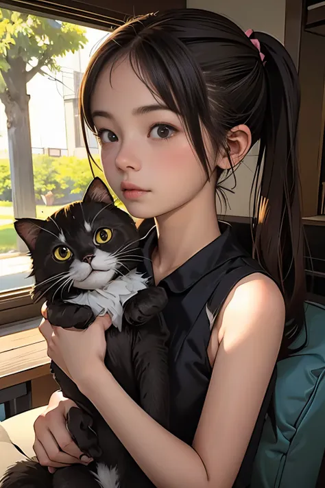 top-quality、girl holding a black cat、cute 14 year old girl、bun hair with brown hair tied、black cat、natural look、longshot、natural...