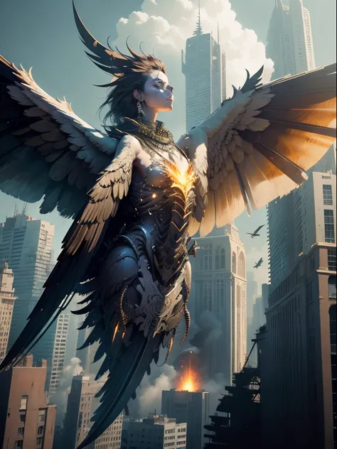 detailed face, super low angle, (flying seraph), (long and wide 12 wings), thick sword on fire, ruins in the city, skyscraper, impact, high speed, flame, necklace on fire, (battle field), 3 fighter jet,