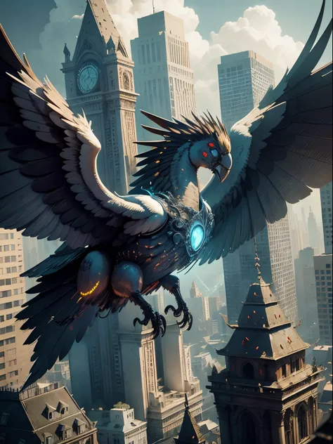 detailed face, super low angle, (flying seraph), (long and wide 12 wings), thick sword on fire, ruins in the city, skyscraper, impact, high speed, flame, necklace on fire, (battle field), 3 fighter jet,