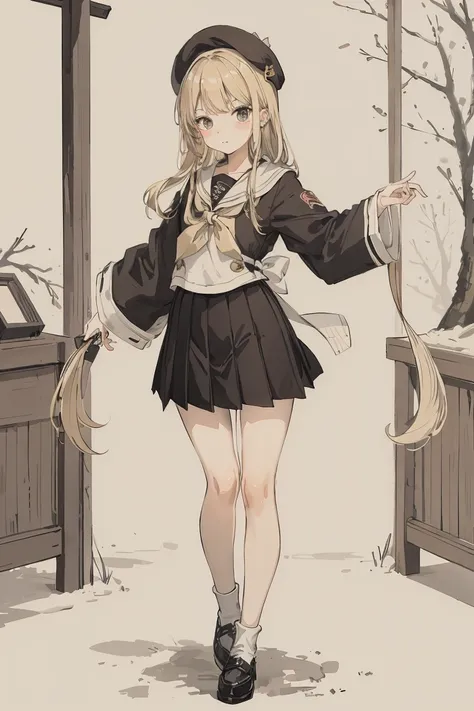 sparrow, a blonde haired girl, wearing a black sailor uniform, medium hair, beret, winter uniform, slim body, teen, curious face, a japanese school girl. she is standing in the shrine