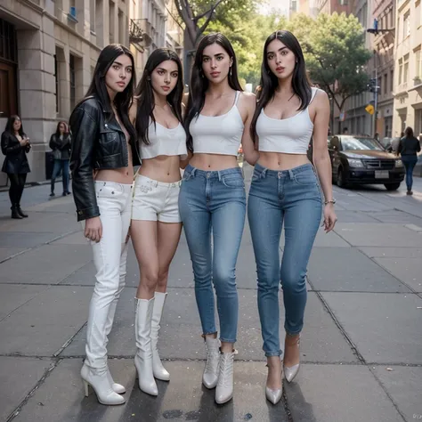 Foto real 4k de charlize theron y megan fox, con dua lipa super sexy, con jeans y con botines y blusa blanca transparente, sonriente y posando con lucia y dua lipa y con otras modelos latinas muy bellas y todas con diferentes rostros hermosas en la univers...