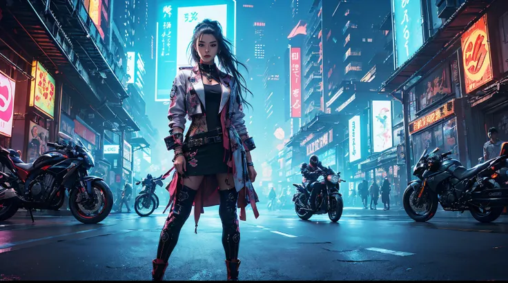 masterpiece, best quality, Confident cyberpunk random girl, full body shot, ((standing in front of motorcycle)), Harajuku-inspired pop outfit, bold colors and patterns, eye-catching accessories, trendy and innovative hairstyle, vibrant makeup, Cyberpunk da...