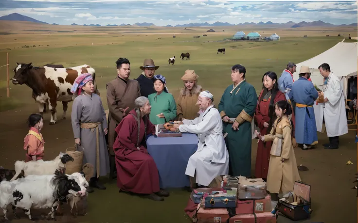 There are many people standing around a table with a cow, Mongolia, Kent Monkman, Ancient Mongolia Elon Musk, sergey zabelin, author：Maurice Kesterman, mongol, zhuoxin ye, xue han, ruan jian, Contemporary art, wang liang, group picture, sci - fi mongolian ...