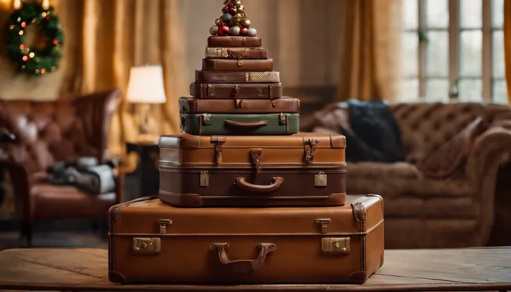 A high-resolution image of a conceptual Christmas tree made of stacked suitcases, with vintage travel cases creatively arranged to form the shape of a tree, adorned with travel-themed ornaments and luggage tags, creating a wanderlust-inspired and visually ...