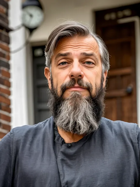 there is a man with a beard and a gray shirt, foto de um homem branco de 50 anos, com uma barba pequena, alguns cabelos grisalhos na barba, barba grisalha, Homem de 5 0 anos, barba cinzenta aparada, Homens de 45 anos, Homem de 4 0 anos, pequena barba cinza...