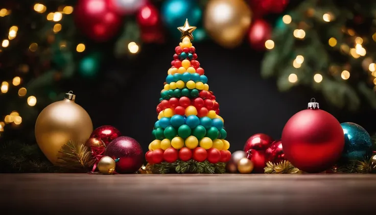 A visually stunning composition of a conceptual Christmas tree made of colorful balloons, with balloons of different sizes and hues inflated and arranged in tiers to resemble the shape of a tree, adorned with festive ribbons and balloon animal ornaments, c...