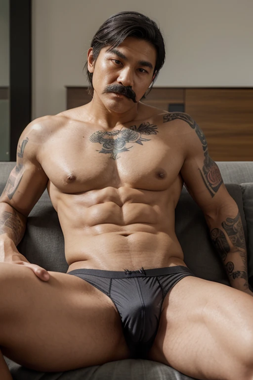 A young Thai grandfather with gray hair, a mustache, a muscular body, tattoos, wearing underwear with a crotch sitting on a sofa.